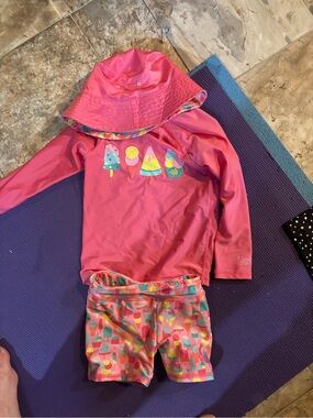 Kids Pink UPF Rashguard Swim Set with Matching Hat